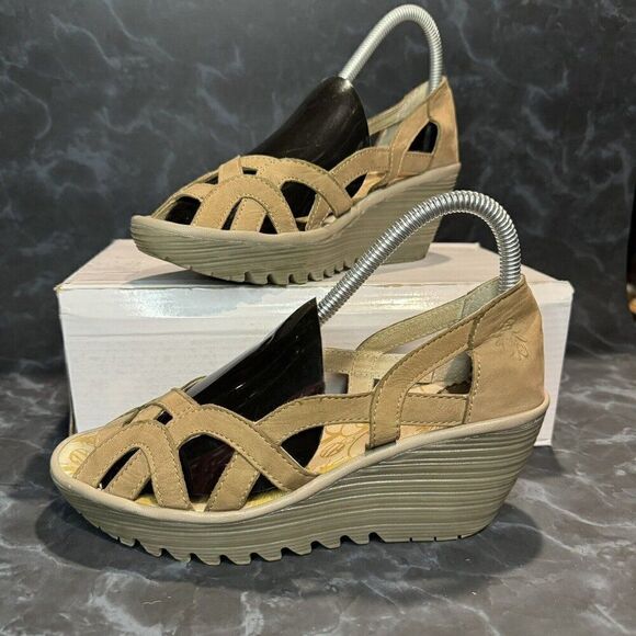 Fly London Shoes - Fly London Yadi Taupe Leather Slip on Peep-toe Wedge Sandals Cut Out Size 6-6.5